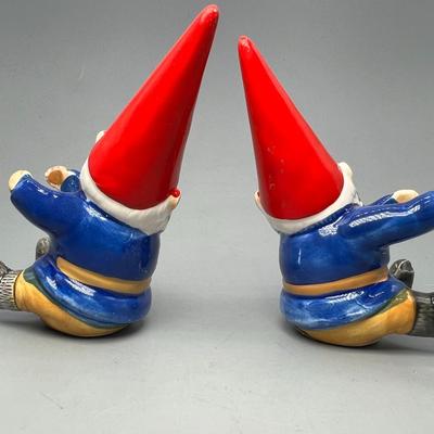 Pair of Vintage Unieboek B V David the Gnome porcelain Candle Holder Huggers Collectible