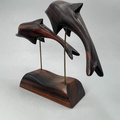Retro Made in Phillipines Smooth Wood Dolphin Jumping Figurine Statuette