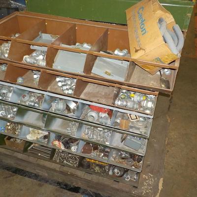 Storage heavy metal bins with supplies.