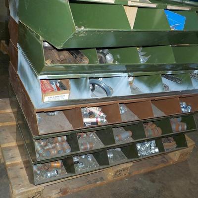 12 Heavy metal storage bins with tools and electrical supplies.