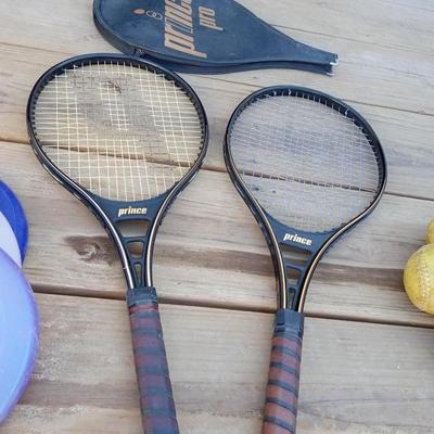 2 PRINCE PRO TENNIS RACQUETS, FRISBEES AND SOFTBBALLS
