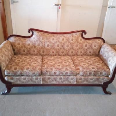 ANTIQUE VICTORIAN STYLE SETTEE WITH BRASS CLAW FEET