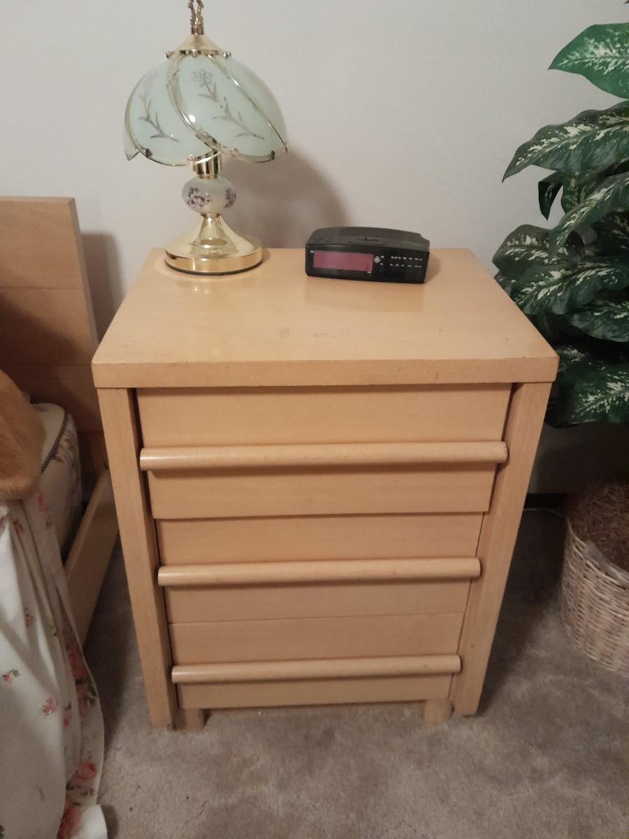 Blonde finish, three drawer Nightstand American by Martinsville