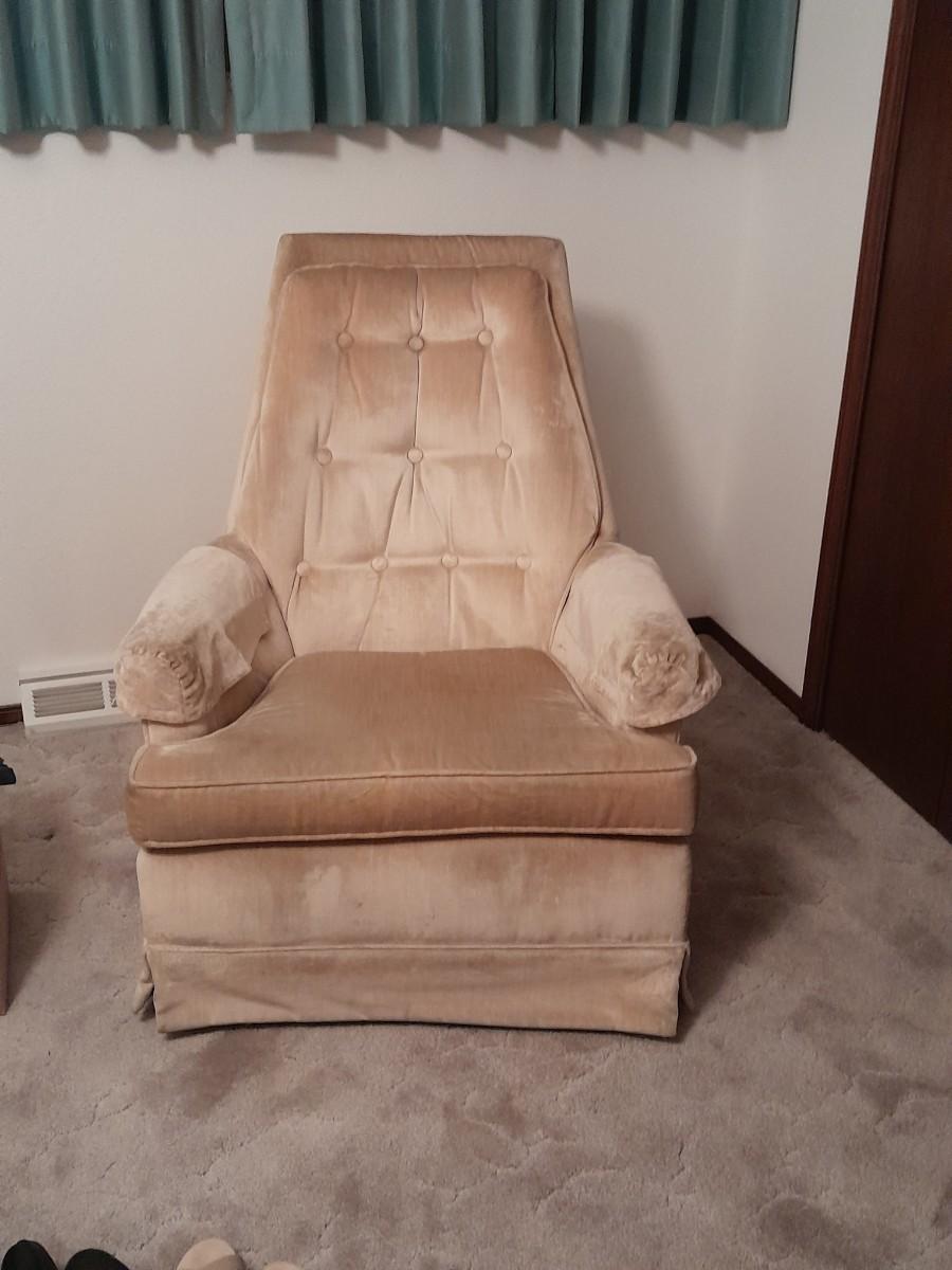 Vintage High Back Tufted Beige colored Velvet swivel rocking Chair Midcentury modern style