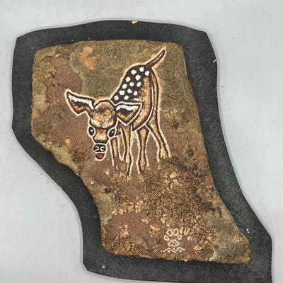 Vintage Pete Cattermole Deer Buck Slab Stone Rock Etching Petroglyph Pictograph Hanging Art