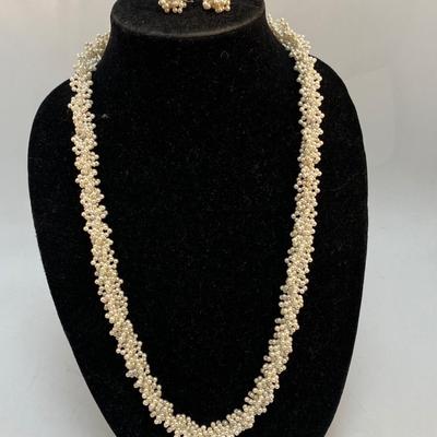Vintage Tiny Cluster Strand Faux Pearl Necklace with Matching Screwback Style Earrings