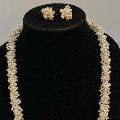Vintage Tiny Cluster Strand Faux Pearl Necklace with Matching Screwback Style Earrings