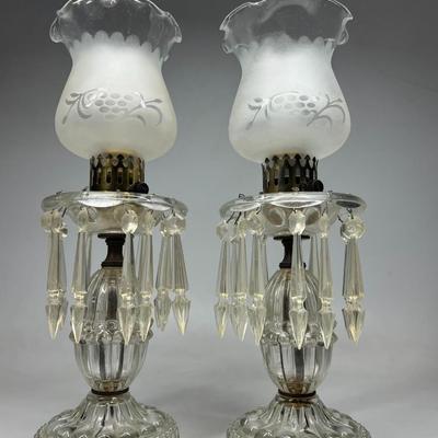 Pair of Vintage Lustre Mantel lamps White Frosted Glass Crystal Glass Chandelier Electric Table Lamp