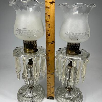 Pair of Vintage Lustre Mantel lamps White Frosted Glass Crystal Glass Chandelier Electric Table Lamp