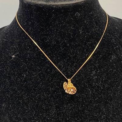 14k Yellow Gold & Diamond Swirled Bell Like Pendant Charm on Dainty Chain Necklace