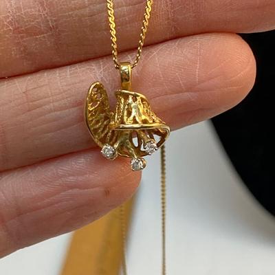 14k Yellow Gold & Diamond Swirled Bell Like Pendant Charm on Dainty Chain Necklace