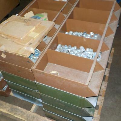 60 storage bins of residential conduit fittings. count 450 fittings.