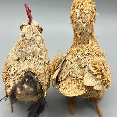 Pair of Retro Handmade Hay Natural Materials Chicken & Duck Cottagecore Figurines