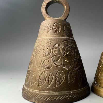 Vintage Made in India Etched Floral Design Brass Bells