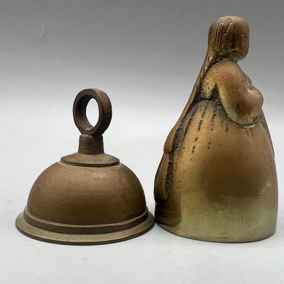 Two Vintage Antique Brass Bells Primitive Farmhouse Lady and School House Bell