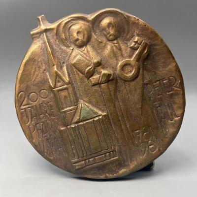 Vintage Brass Medallion Peter & Paul Catholic Religious Hanging Decor