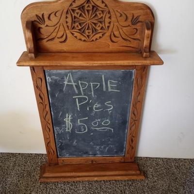 HAND CARVED WOODEN CHAULKBOARD-DEPRESSION GLASS PEDESTAL DISH WITH WOODEN APPLES-MORE