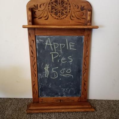 HAND CARVED WOODEN CHAULKBOARD-DEPRESSION GLASS PEDESTAL DISH WITH WOODEN APPLES-MORE