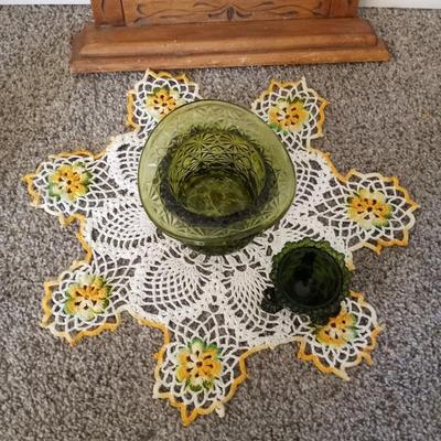 HAND CARVED WOODEN CHAULKBOARD-DEPRESSION GLASS PEDESTAL DISH WITH WOODEN APPLES-MORE