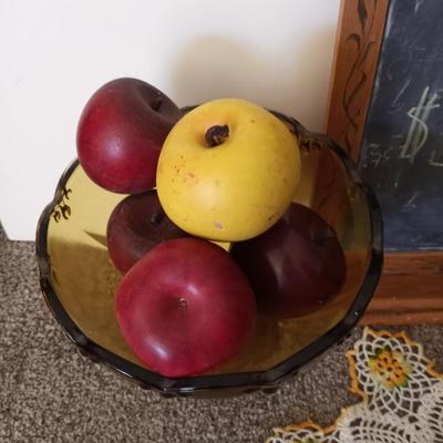 HAND CARVED WOODEN CHAULKBOARD-DEPRESSION GLASS PEDESTAL DISH WITH WOODEN APPLES-MORE