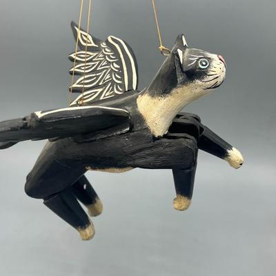 Retro Wooden Painted Black & White Hanging Decor Winged Flying Angel Cat