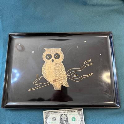 RETRO COUROC OWL TRAY INLAID WOOD AND METAL DESIGN