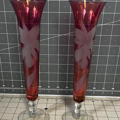 Etched Cranberry Bud Vases 
