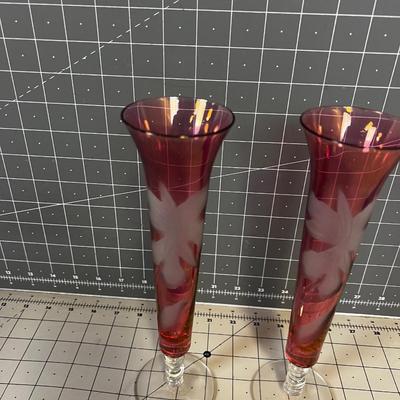 Etched Cranberry Bud Vases 