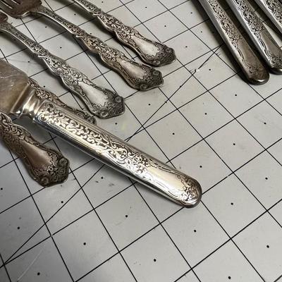 Rogers Silver Plate Set Antique with Embroidered Holder. 