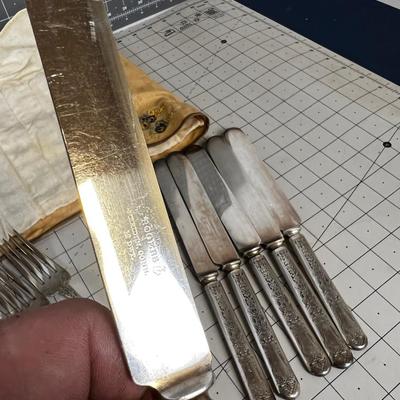 Rogers Silver Plate Set Antique with Embroidered Holder. 