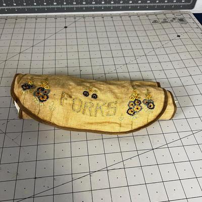 Rogers Silver Plate Set Antique with Embroidered Holder. 