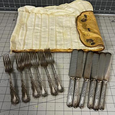 Rogers Silver Plate Set Antique with Embroidered Holder. 