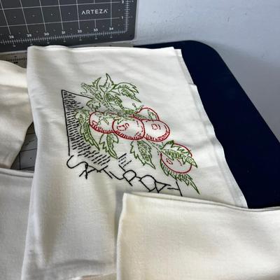 VINTAGE Embroidered Dish Towel; Days of the week with Fruits and Veggies 