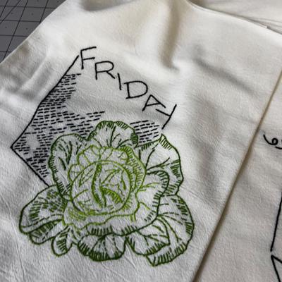 VINTAGE Embroidered Dish Towel; Days of the week with Fruits and Veggies 