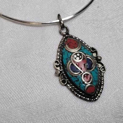 Handmade Turquoise, Coral and Lapis Medallion 17" 925 Necklace