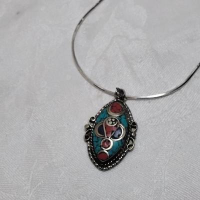 Handmade Turquoise, Coral and Lapis Medallion 17" 925 Necklace