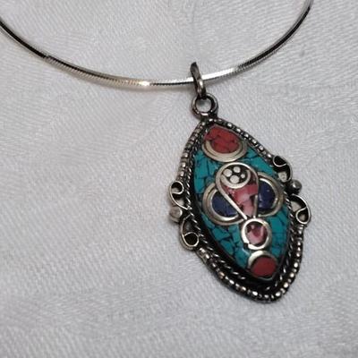 Handmade Turquoise, Coral and Lapis Medallion 17" 925 Necklace