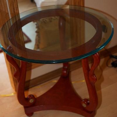 GLASS TOP END TABLE /SWAN NECK SUPPORTS /SHELF BELOW.