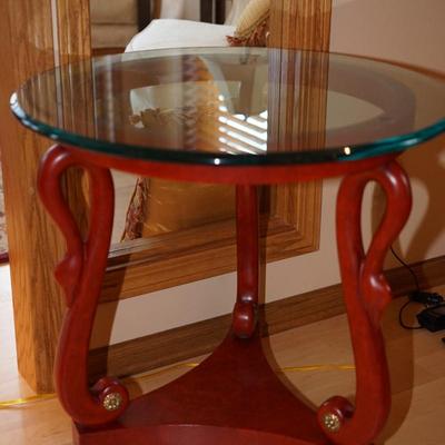 GLASS TOP END TABLE /SWAN NECK SUPPORTS /SHELF BELOW.
