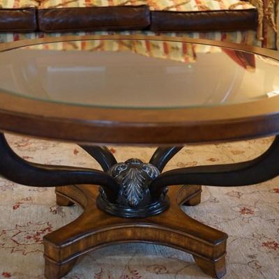NEOCLASSICAL STYLE ROUND BEVEL GLASS W/ CARVED WOOD BASE VENEERS OF BURL ACCENTS
