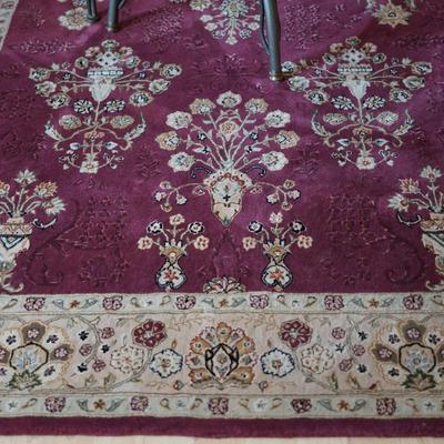 NOURISON AREA RUG/ BLEND OF WOOL AND SILK CRANBERRY /BEIGE W/ URNS OF FLORALS