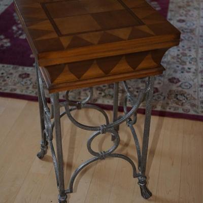 WOOD PARQUET TOP SEWING TABLE W/ WROUGHT IRON DESIGN BASE OF PEWTER FINISH