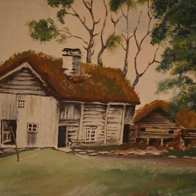 DATED 1945-48 PRIMITIVE STYLE PAINTING OF A HEWN LOG HOUSE &  BARN