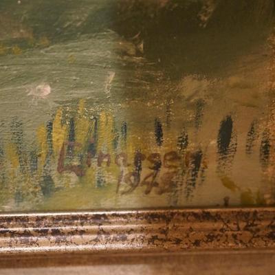 DATED 1945-48 PRIMITIVE STYLE PAINTING OF A HEWN LOG HOUSE &  BARN