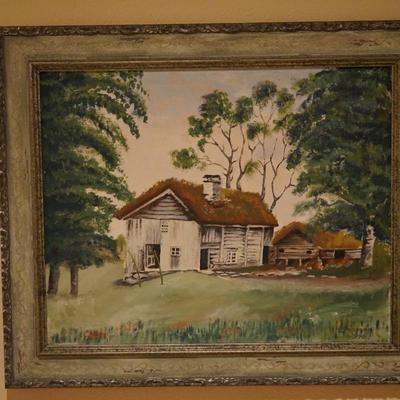 DATED 1945-48 PRIMITIVE STYLE PAINTING OF A HEWN LOG HOUSE &  BARN