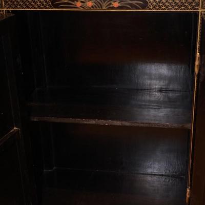 ASIAN STYLE CABINET W/ PEONIES/ BLOSSOMS PAINTED ON BLACK