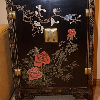 ASIAN STYLE CABINET W/ PEONIES/ BLOSSOMS PAINTED ON BLACK