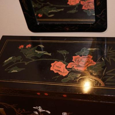 ASIAN STYLE CABINET W/ PEONIES/ BLOSSOMS PAINTED ON BLACK