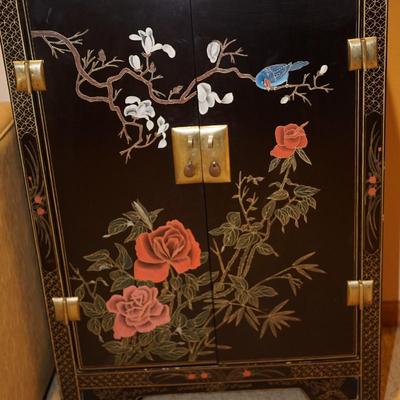 ASIAN STYLE CABINET W/ PEONIES/ BLOSSOMS PAINTED ON BLACK