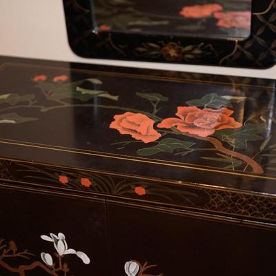 ASIAN STYLE CABINET W/ PEONIES/ BLOSSOMS PAINTED ON BLACK
